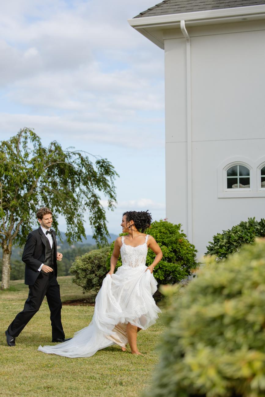 Running across the lawn, laughing
